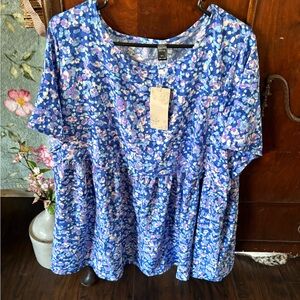 SHEIN Blue Multi-Color Floral Peplum Short Sleeve Top